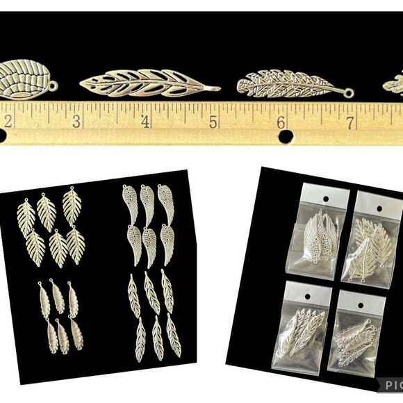 4 Bundles of Silver Tone Leaf Charms 6 of each 24 Total Charms - Picture 1 of 10